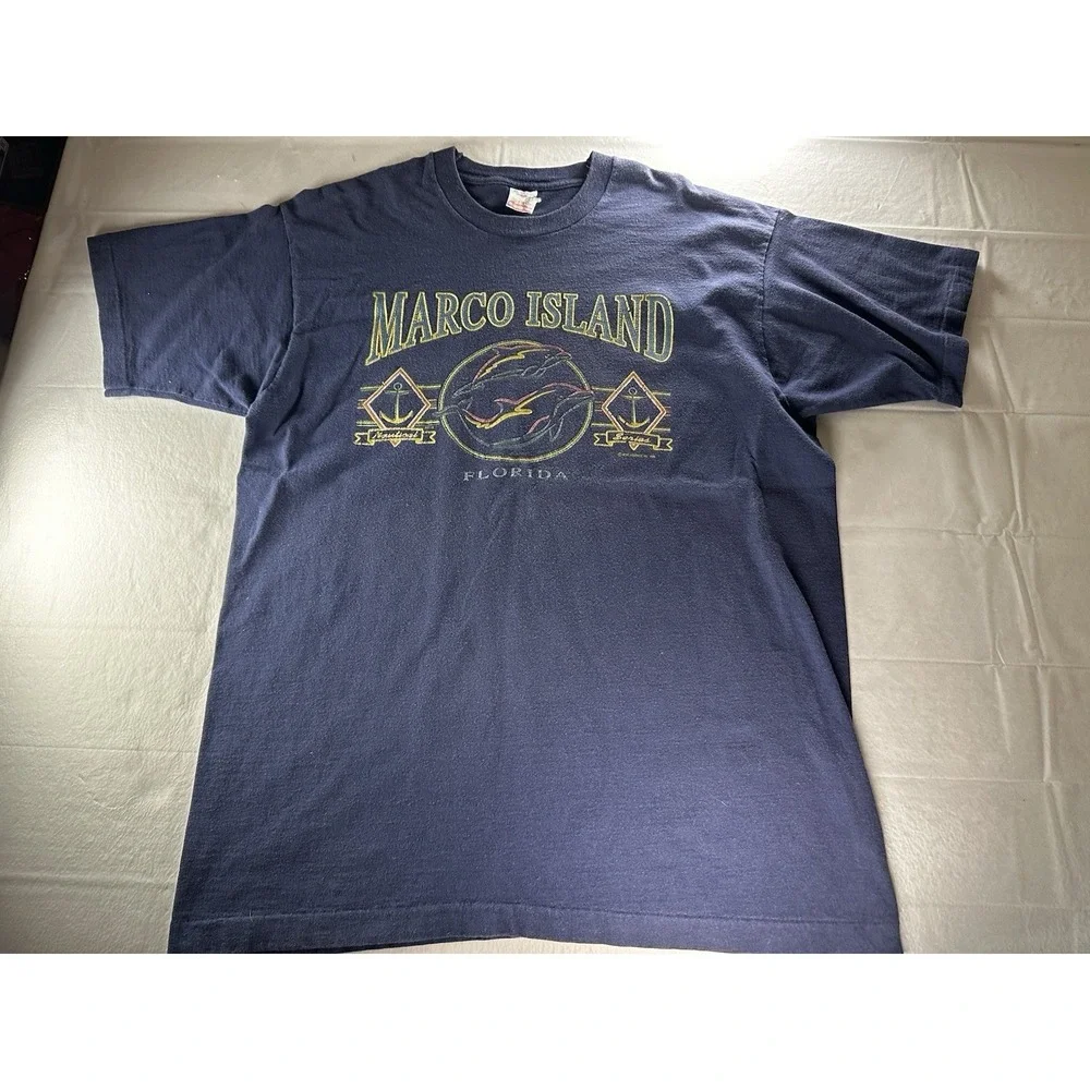 VTG 1990s Marco‎ Island Florida Shirt Mens XL Navy Made in USA Single Stitch Tee